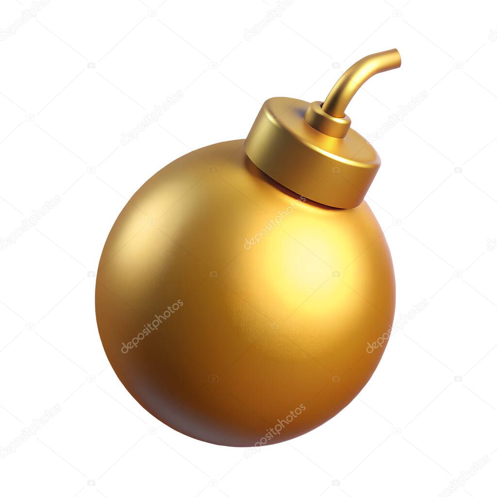 Golden bomb 3d icon isolated on a white background. Premium simple render of 3d shiny metal illustration concept with reflections.