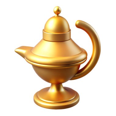 Altın ortadoğu lambası beyaz arka planda izole edilmiş 3D yüksek kalite ikon. Yansımalı 3D parlak metal illüstrasyon konseptinin kaliteli yüksek çözünürlüklü görüntüsü.
