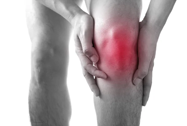 Black White Picture Knee Pain Man Stand Hand Caught Knee — Stock Photo, Image