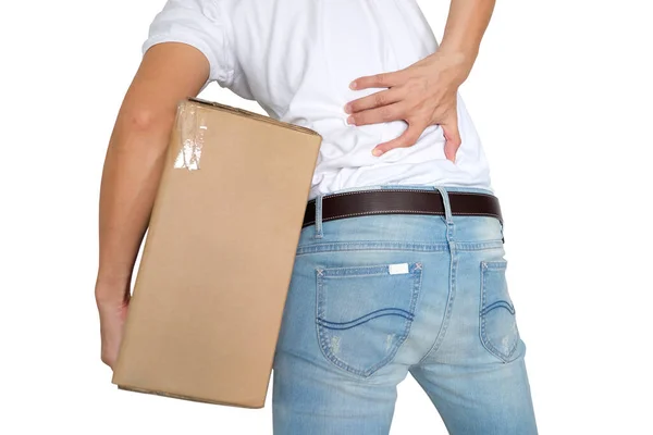 Young Man Working Lifts Heavy Box Has Pain Lifting Heavy — Stock Photo, Image