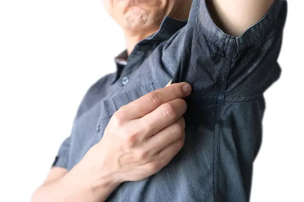 Man Wore Blue Sleeve Shirt Armpits Covered Sweat Has Foul Stock Image
