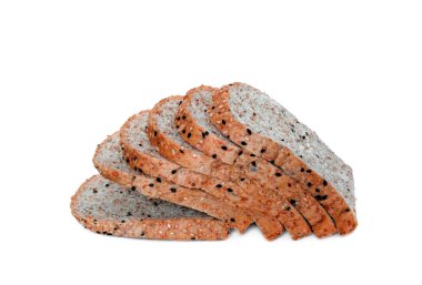 Tam buğday ekmeği, yalıtılmış beyaz arka planda riceberry unuyla karıştırılmış sağlıklı gıda konsepti.