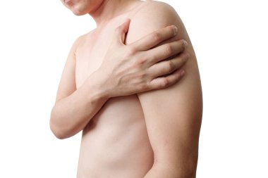 Boyun ağrısı, omuz ağrısı, beyaz arka plan, sağlık ve tıbbi kemik kavramları