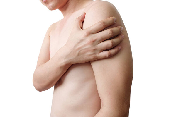 Боли в шее, боли в плечах, на белом фоне, Здоровье и медицинские концепции костей