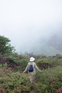 Sırt çantalı genç kız Kawah ijen 'de seyahat doğasının tadını çıkarıyor. Seyahat eden kawah ijen 'in arka görüntüsü Yazın seyahat, rahatlama, seyahat Endonezya.