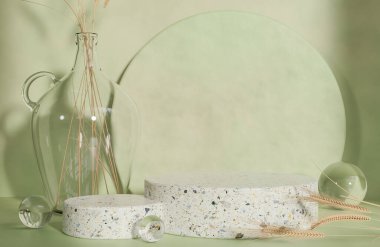 Sabah ışığı, 3 boyutlu model ve illüstrasyonlu ürün sunumu podyumu için iki terrazzo podyumu modelleyin..