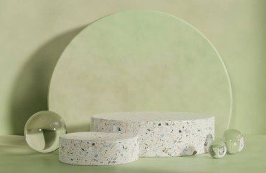 Sabah ışığı, 3 boyutlu model ve illüstrasyonlu ürün sunumu podyumu için iki terrazzo podyumu modelleyin..