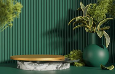 Mockup circle mermeri ve ürün sunum podyumu için altın podyum yeşil arka plan sabah ışığı, 3D model ve illüstrasyon.