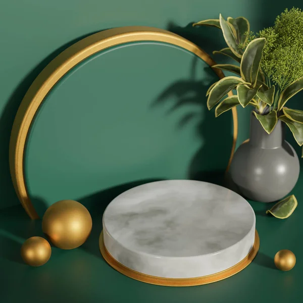 Mockup circle marble and Gold podium for product presentation podium with green background morning light.,3d model and illustration.
