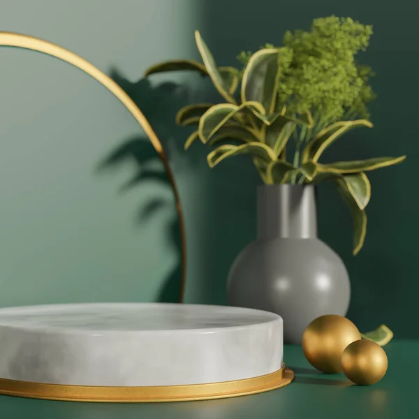 Mockup circle marble and Gold podium for product presentation podium with green background morning light.,3d model and illustration.