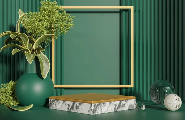 Mockup square marble and gold podium for product presentation podium with green background morning light.,3d model and illustration.