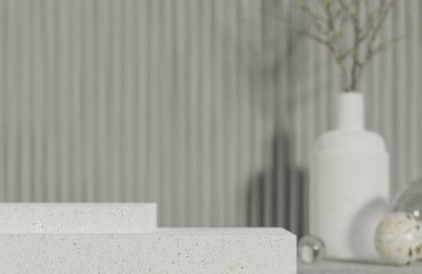 Çimento arka planı ve sabah ışığı, 3D model ve illüstrasyonlu ürün sunumu podyumu için model çimento podyumu..