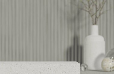 Çimento arka planı ve sabah ışığı, 3D model ve illüstrasyonlu ürün sunumu podyumu için model çimento podyumu..