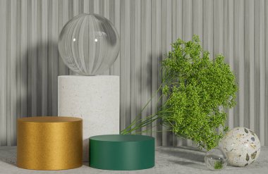 Çimento, sunum podyumu için çimento, altın ve yeşil podyum çimento arkaplan ve sabah ışığı, 3D model ve illüstrasyon.