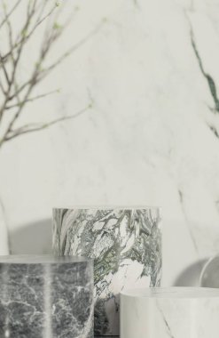 Mockup mermer podyum ürün sunum podyumu mermer arka plan ve sabah ışığı ile., 3D model ve illüstrasyon.
