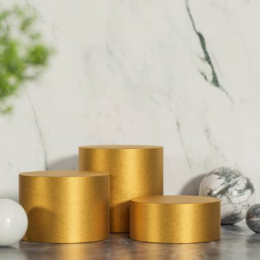 Ürün sunum podyumu için mermer arka plan ve sabah ışığı, 3D model ve illüstrasyonlu Mockup Golden Podium.