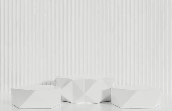 Wit Prisma Podium Voor Productpresentatie Witte Gekartelde Muur Achtergrond Minimale — Stockfoto