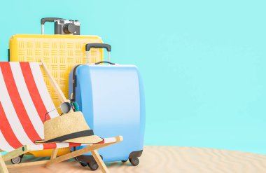 Kumsal sandalyeli sarı ve mavi bavul ve kumların üzerinde seyahat aksesuarları ve açık mavi arka plan. Yaz seyahati konsepti, 3D model ve illüstrasyon.