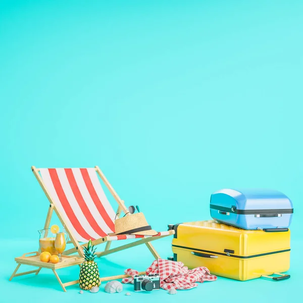 Maleta Amarilla Azul Con Silla Playa Accesorios Viaje Sobre Fondo — Foto de Stock