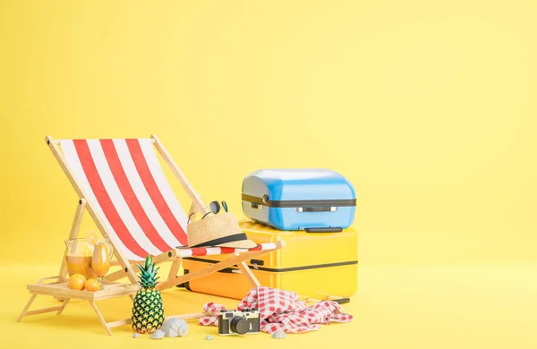 Žlutý Modrý Kufr Plážovou Židlí Cestovním Příslušenstvím Žlutém Pozadí Letní Stock Obrázky
