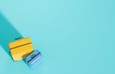 Açık mavi arka planda düz sarı ve mavi bavul vardı. Yaz seyahati konsepti, 3D model ve illüstrasyon.