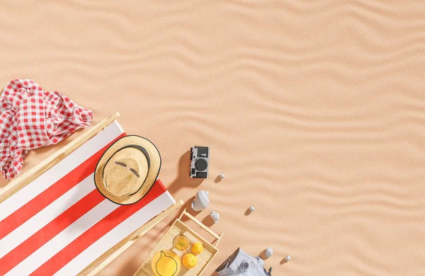 Flat Lay Beach Chair Travel Accessories Sand Background Summer Travel Stock Photo