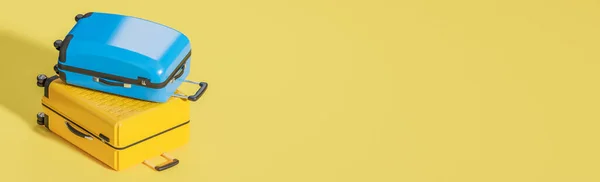 Sárga Kék Bőrönd Sárga Háttérrel Nyári Utazási Koncepció Modell Illusztráció — Stock Fotó