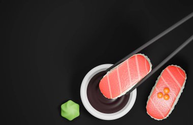 Siyah arka planda soya sosu ve suşi tutan çubuklar vardı. Geleneksel Japon yemekleri, 3D model ve illüstrasyon.