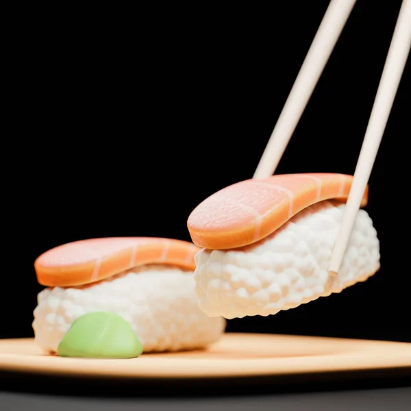 Traditionele Japanse Sushi Met Stokjes Een Houten Bord Model Illustratie — Stockfoto