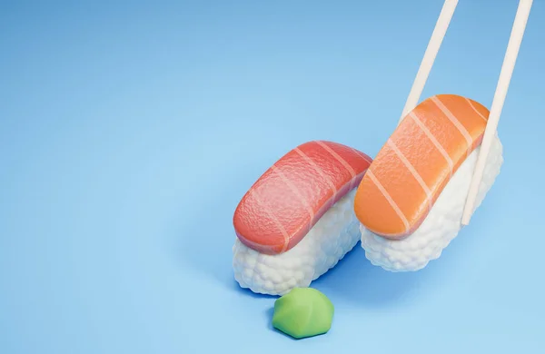 Chopsticks Met Sushi Blauwe Achtergrond Traditioneel Japans Eten Model Illustratie — Stockfoto