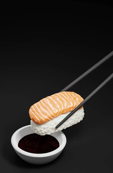 Chopsticks Met Sushi Sojasaus Zwarte Achtergrond Traditioneel Japans Eten Model — Stockfoto