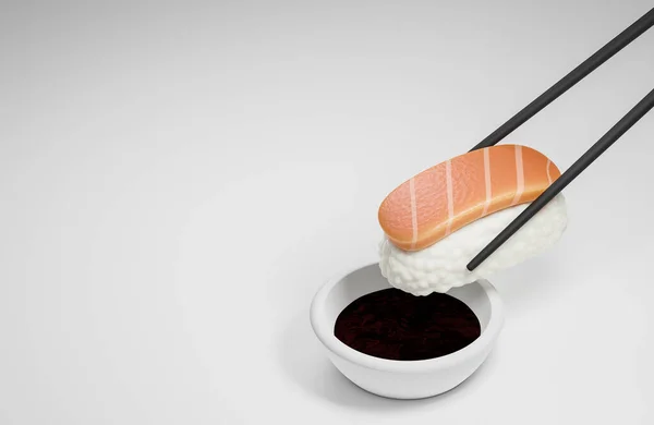 Chopsticks Met Sushi Sojasaus Witte Achtergrond Traditioneel Japans Eten Model — Stockfoto