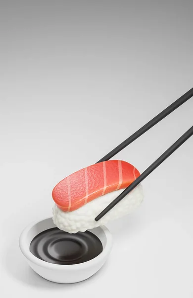 Chopsticks Met Sushi Sojasaus Witte Achtergrond Traditioneel Japans Eten Model — Stockfoto