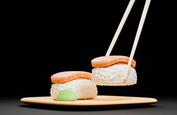 Tradiční Japonské Sushi Hůlkami Dřevěné Desce Model Ilustrace Stock Fotografie