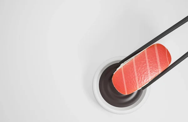 Ploché Hůlky Držely Sushi Sójovou Omáčku Bílém Pozadí Tradiční Japonské Stock Fotografie