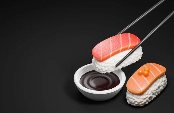 Chopsticks Holding Sushi Soy Sauce Black Background Traditional Japanese Food Royalty Free Stock Photos