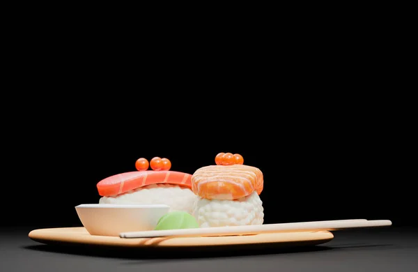 Tradiční Japonské Sushi Hůlkami Sójovou Omáčkou Dřevěném Talíři Model Ilustrace Royalty Free Stock Obrázky