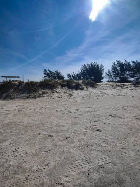 Kristal mavi gökyüzünün altında, arka planda yumuşak beyaz bulutlar ve yemyeşil yemyeşil, güneşli bir sahil manzarası. Işık kumları güneş ışığını yansıtır ve sakin bir atmosfer yaratır..