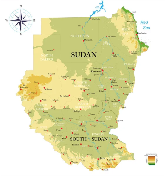 Sudan Sud Sudan Mappa Fisica Altamente Dettagliata — Vettoriale Stock