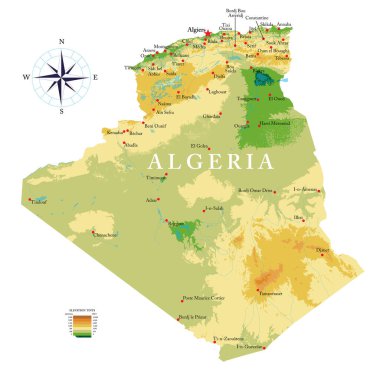 Highly detailed physical map of Algeria in vector format,with all the relief forms,regions and big cities. clipart