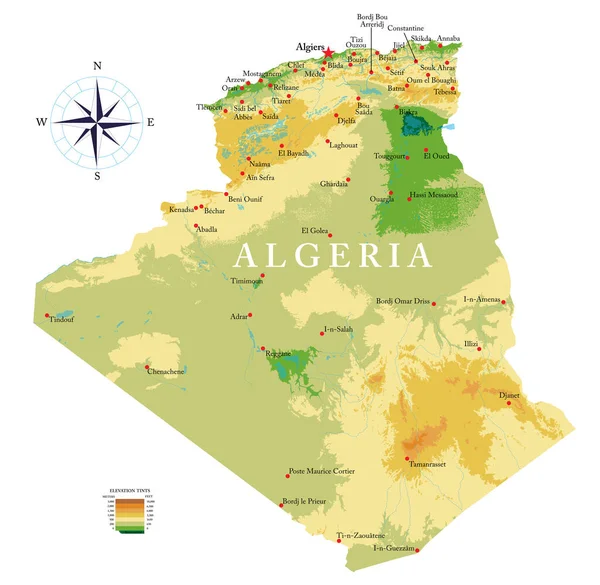 Mappa Fisica Altamente Dettagliata Dell Algeria Formato Vettoriale Con Tutte — Vettoriale Stock