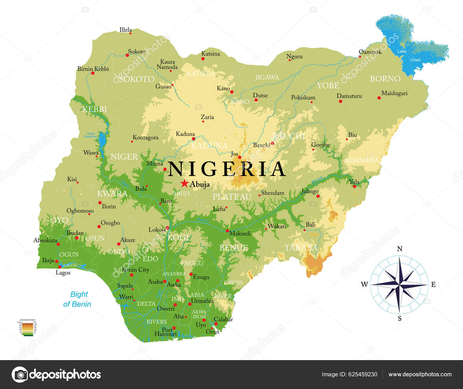 Νιγηρία Εξαιρετικά Λεπτομερής Φυσικός Χάρτης Διανυσματικό Αρχείο από  ©BogdanSerban625459230