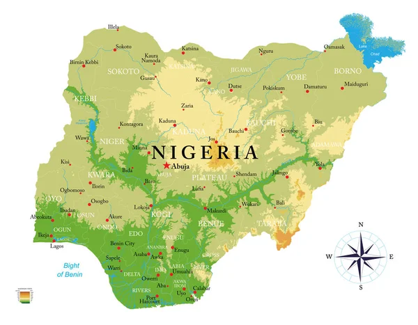 Nigéria Mapa Físico Altamente Detalhado — Vetor de Stock