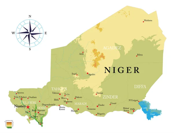 Niger Mappa Fisica Altamente Dettagliata — Vettoriale Stock