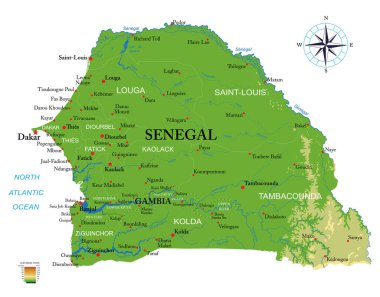 Senegal ve Gambiya 'nın detaylı fiziksel haritası vektör formatında, tüm yardım formları, bölgeler ve büyük şehirlerle birlikte..