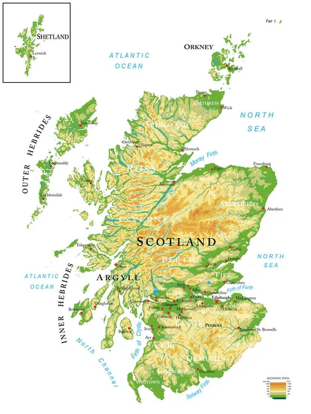 Skotsko Velmi Podrobná Fyzická Mapa — Stockový vektor