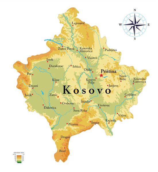 Kosovo Mapa Físico Altamente Detallado — Vector de stock