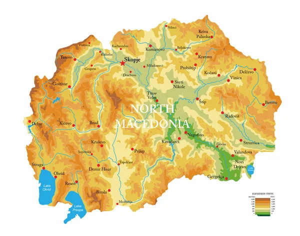 Kuzey Makedonya Nın Son Derece Ayrıntılı Fiziksel Haritası — Stok Vektör