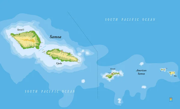 サモアとアメリカ領サモア非常に詳細な物理地図 — ストックベクタ