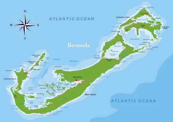 Ilhas Bermudas Mapa Físico Altamente Detalhado — Vetor de Stock